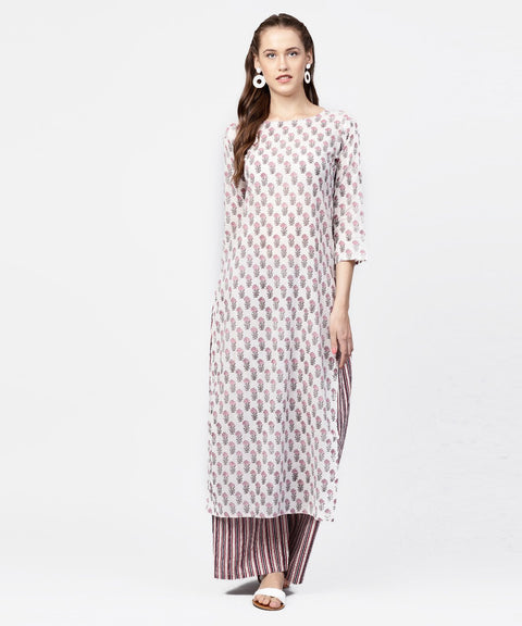 Off white printed 3/4th sleeve straight kurta with striped regular fit palazzo