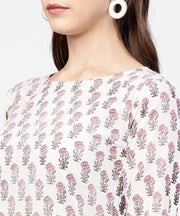 Off white printed 3/4th sleeve straight kurta with striped regular fit palazzo