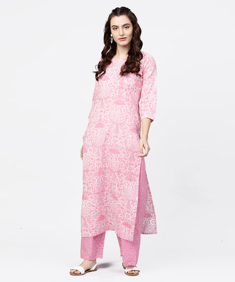 Pink printed 3/4th sleeve straight kurta with printed palazzo set
