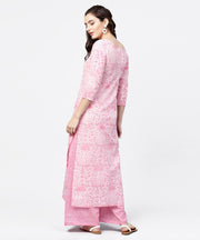 Pink printed 3/4th sleeve straight kurta with printed palazzo set