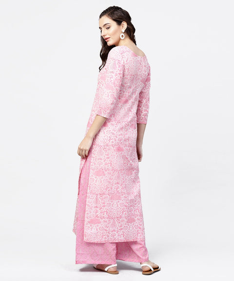 Pink printed 3/4th sleeve straight kurta with printed palazzo set