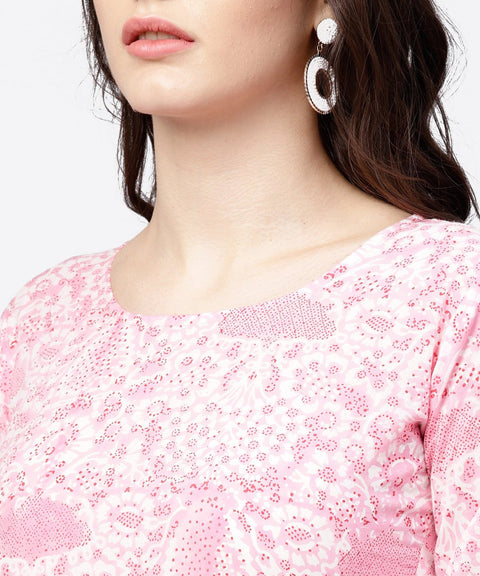 Pink printed 3/4th sleeve straight kurta with printed palazzo set