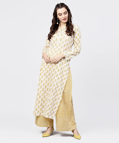 Yellow printed 3/4th sleeve straight kurta with printed palazzo set