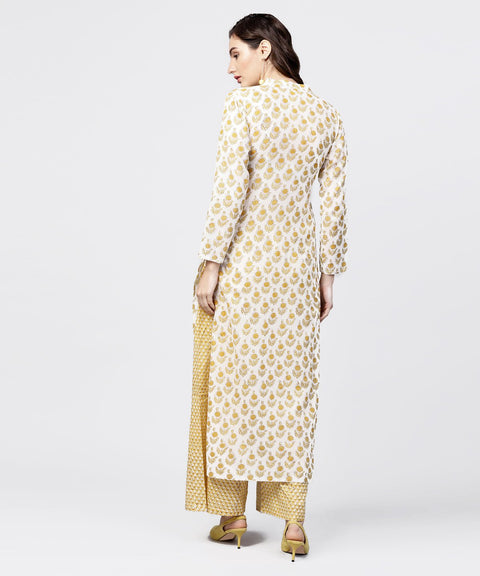 Yellow printed 3/4th sleeve straight kurta with printed palazzo set