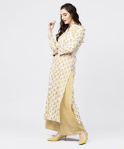 Yellow printed 3/4th sleeve straight kurta with printed palazzo set