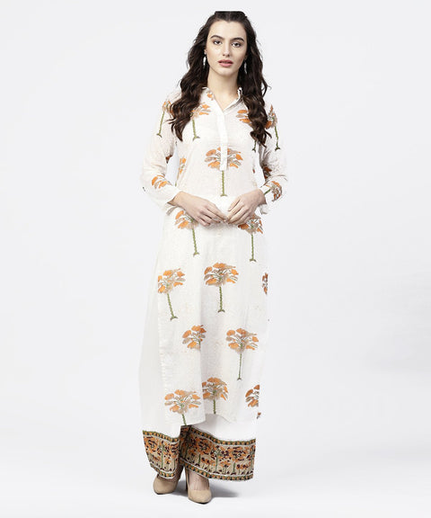 Off white printed 3/4th sleeve straight kurta with printed palazzo set