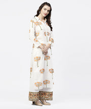 Off white printed 3/4th sleeve straight kurta with printed palazzo set