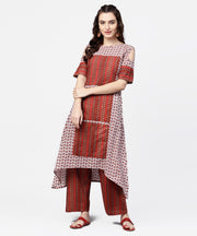 Maroon printed half cold shoulder sleeve low-high kurta with printed palazzo set