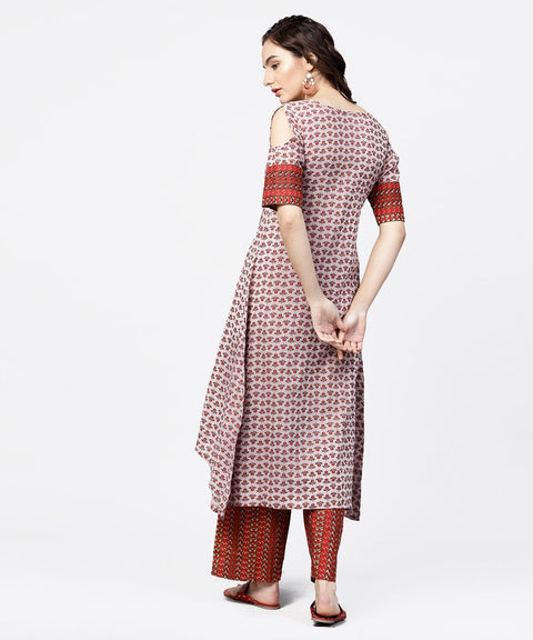 Maroon printed half cold shoulder sleeve low-high kurta with printed palazzo set