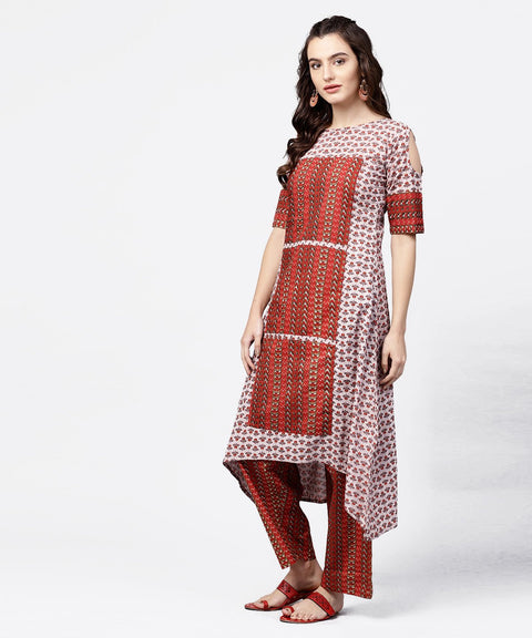 Maroon printed half cold shoulder sleeve low-high kurta with printed palazzo set
