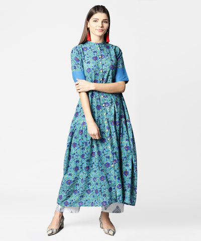 Green printed half sleeve centre slit A-line kurta with printed palazzo set