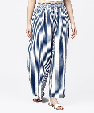 Blue striped printed ankle length cotton regular fit palazzo