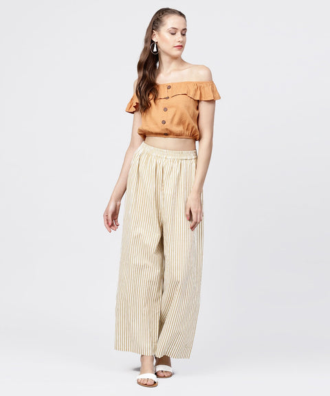 Yellow striped printed ankle length cotton regular fit palazzo