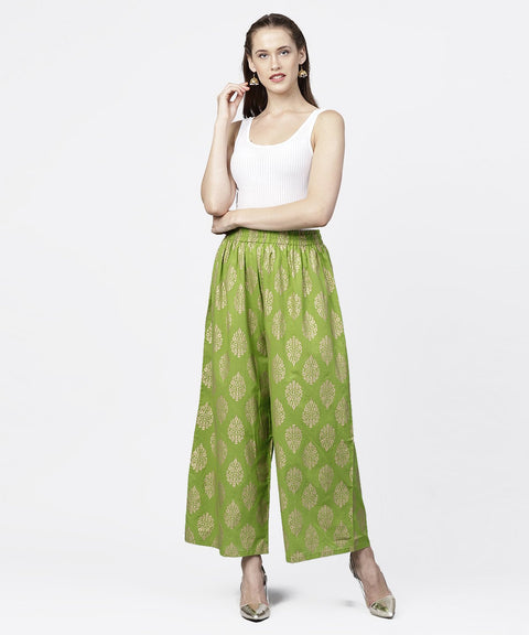 Green khadi gold printed ankle length palazzo