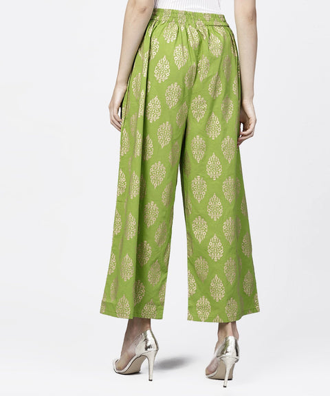 Green khadi gold printed ankle length palazzo