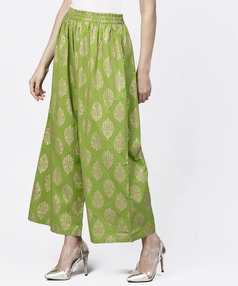 Green khadi gold printed ankle length palazzo