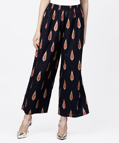 Navy blue khadi gold printed ankle length palazzo