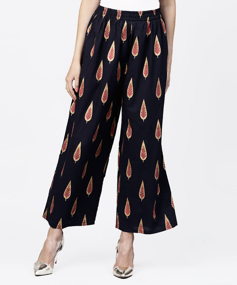 Navy blue khadi gold printed ankle length palazzo