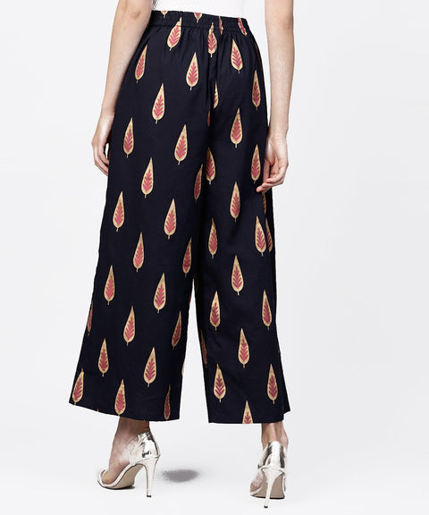 Navy blue khadi gold printed ankle length palazzo