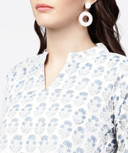 Blue printed 3/4th sleeve A-line cotton kurta with solid dye dhoti pant set