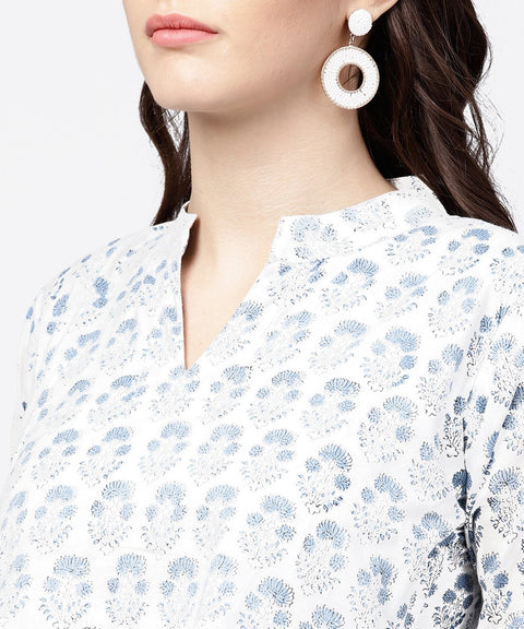 Blue printed 3/4th sleeve A-line cotton kurta with solid dye dhoti pant set