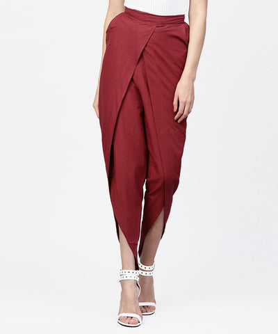 Solid wine ankle length cotton tulip pant