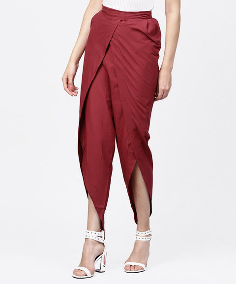 Solid wine ankle length cotton tulip pant