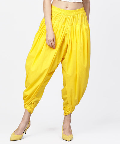 Solid Yellow ankle length cotton dhoti pant