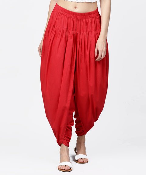 Solid crimson red ankle length cotton dhoti pant