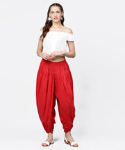 Solid crimson red ankle length cotton dhoti pant