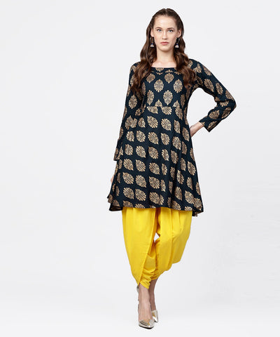 Navy blue khadi gold printed full sleeve short anarkali with yellow dhoti pant set
