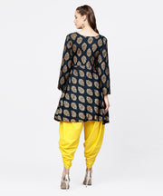 Navy blue khadi gold printed full sleeve short anarkali with yellow dhoti pant set
