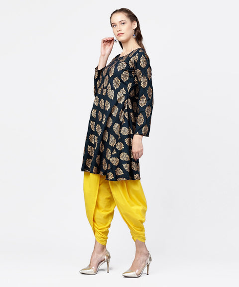 Navy blue khadi gold printed full sleeve short anarkali with yellow dhoti pant set