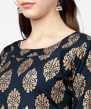 Navy blue khadi gold printed full sleeve short anarkali with yellow dhoti pant set