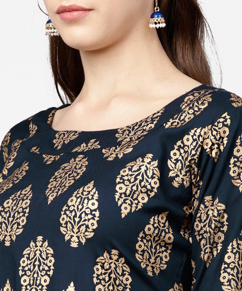 Navy blue khadi gold printed full sleeve short anarkali with yellow dhoti pant set