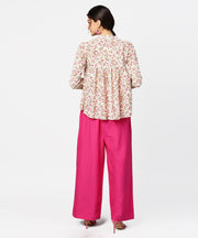 Floral printed 3/4th sleeve short cotton top with solid pink palazzo
