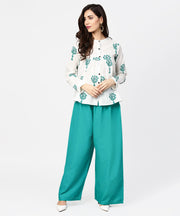 White printed 3/4th sleeve cotton tops with green palazzo set