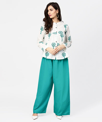 White printed 3/4th sleeve cotton tops with green palazzo set