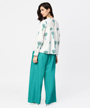 White printed 3/4th sleeve cotton tops with green palazzo set