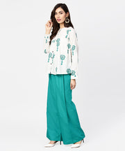 White printed 3/4th sleeve cotton tops with green palazzo set