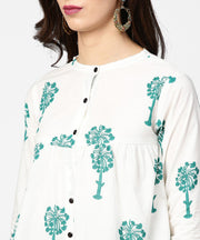 White printed 3/4th sleeve cotton tops with green palazzo set