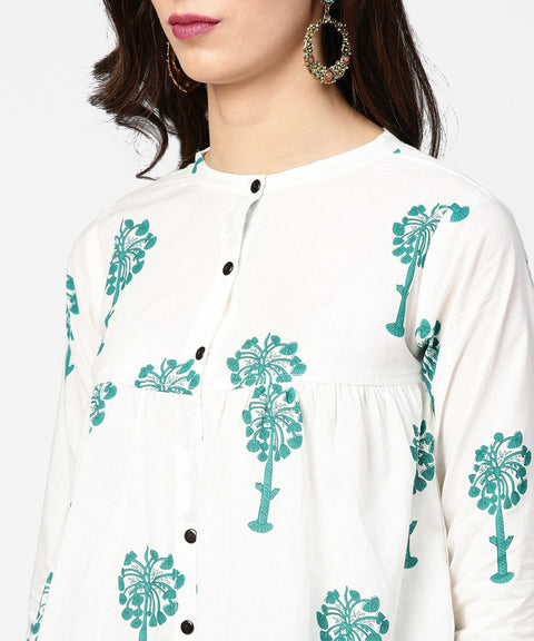 White printed 3/4th sleeve cotton tops with green palazzo set