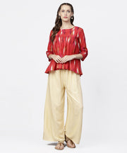 Red 3/4th sleeve short cotton flared sleeve top with beige ankle length regular fit palazzo