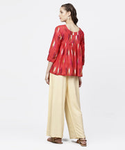 Red 3/4th sleeve short cotton flared sleeve top with beige ankle length regular fit palazzo