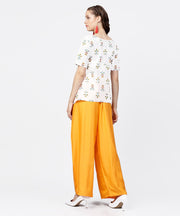 White printed half sleeve short cotton top with yellow regular fit palazzo