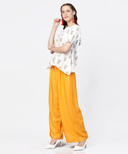 White printed half sleeve short cotton top with yellow regular fit palazzo