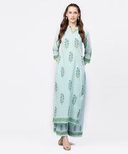 Green hand block printed 3/4th sleeve cottonkurta with block printed palazzo set