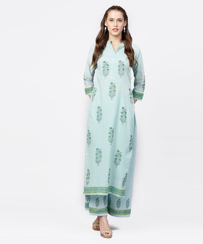 Green hand block printed 3/4th sleeve cottonkurta with block printed palazzo set