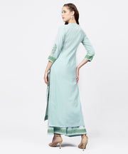 Green hand block printed 3/4th sleeve cottonkurta with block printed palazzo set
