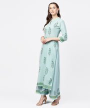 Green hand block printed 3/4th sleeve cottonkurta with block printed palazzo set